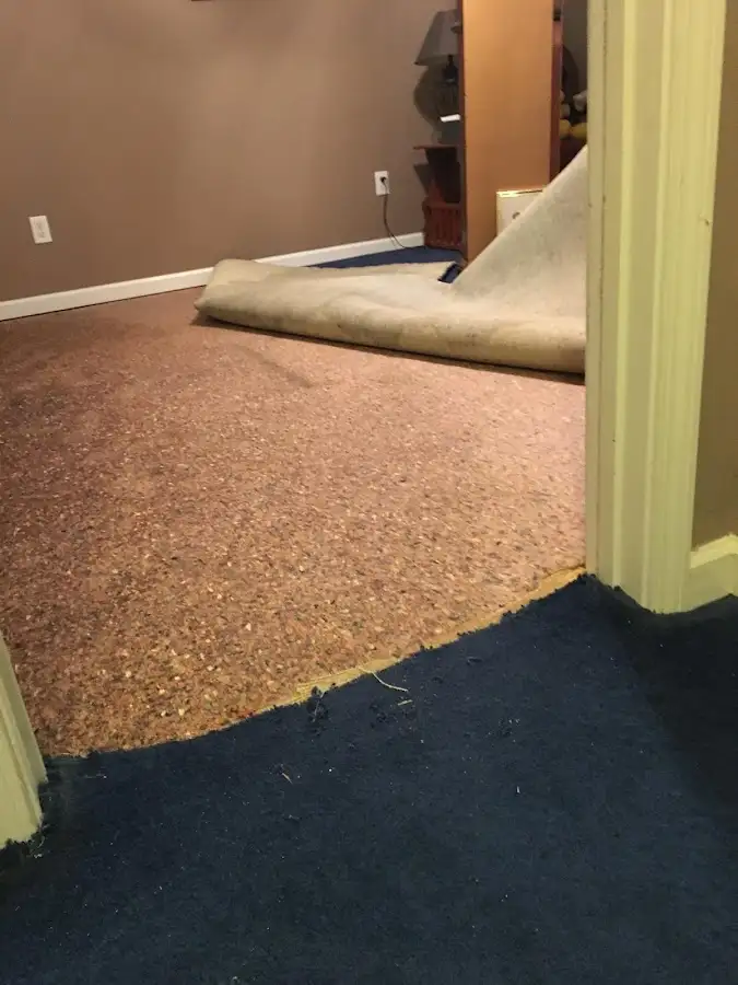 Carpet pad removal revealing water damage during Drying & Dehumidification in Flower Mound