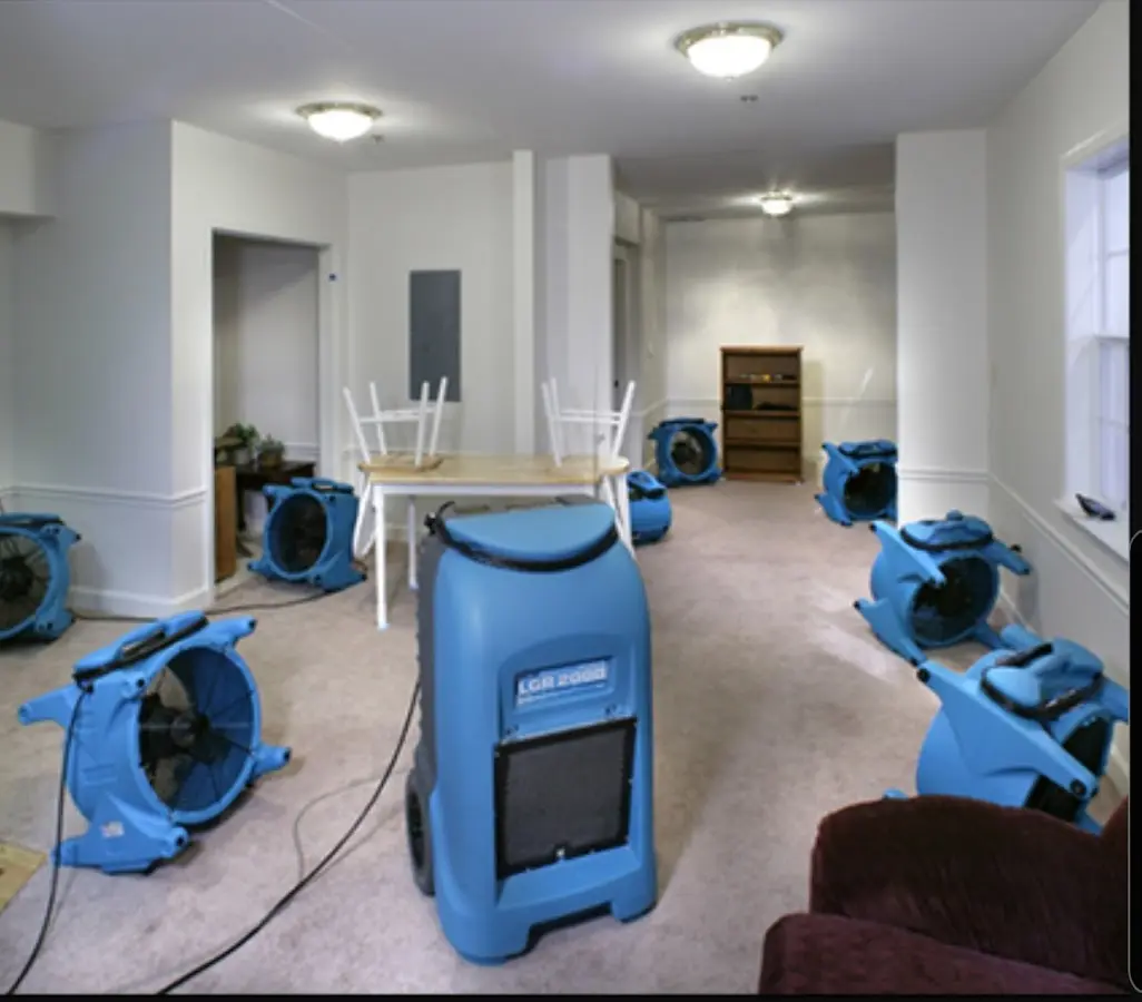 Air movers and dehumidifier setup for Water Damage Restoration in Flower Mound